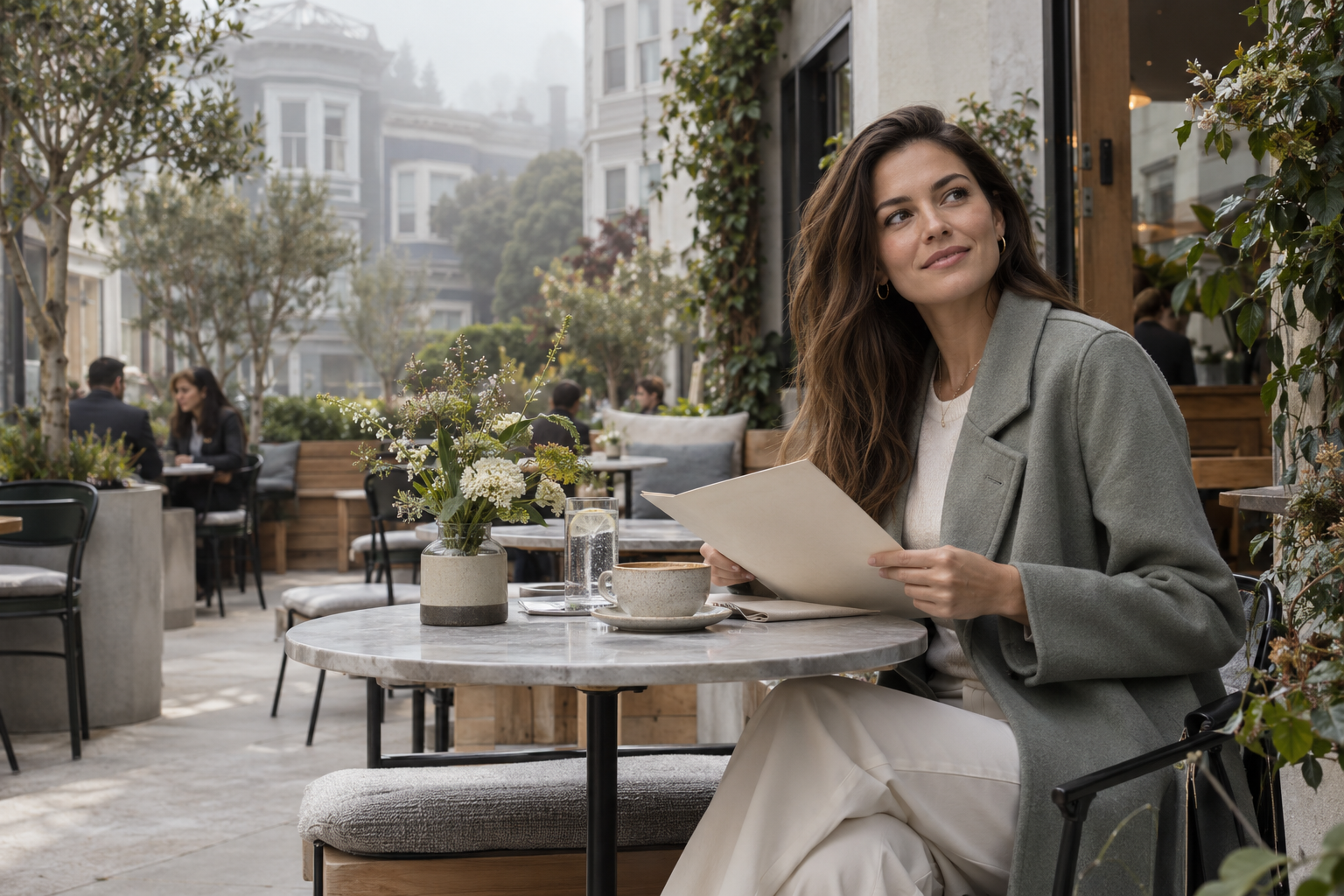 Confident woman enjoying an upscale San Francisco café